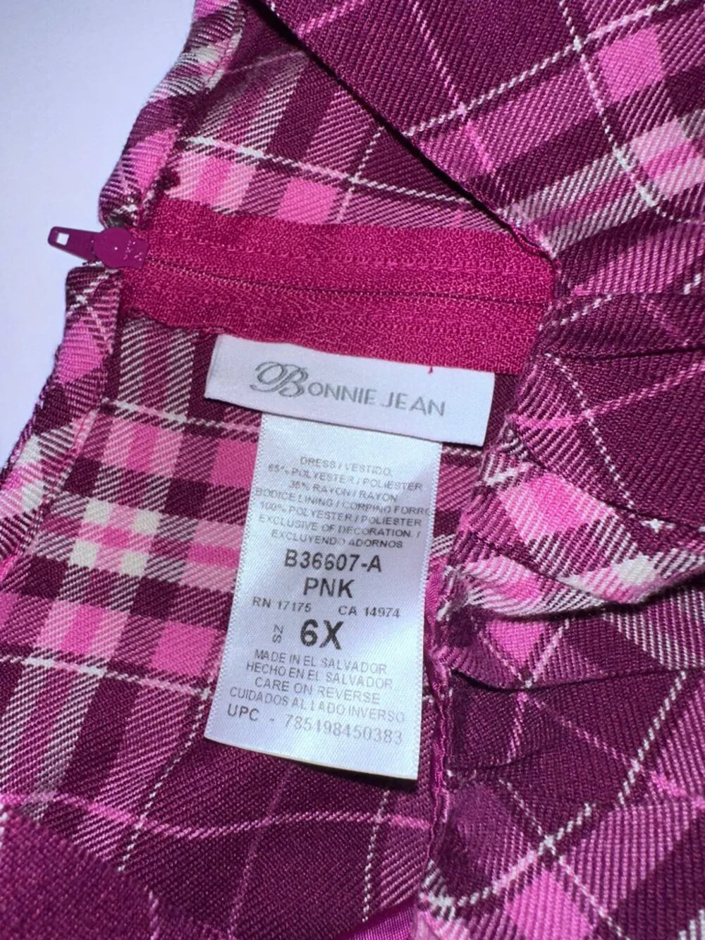 BONNIE JEAN SIZE 6X Pink & Burgundy PLAID soft dress ribbon PUFF SLEEVE DRESS